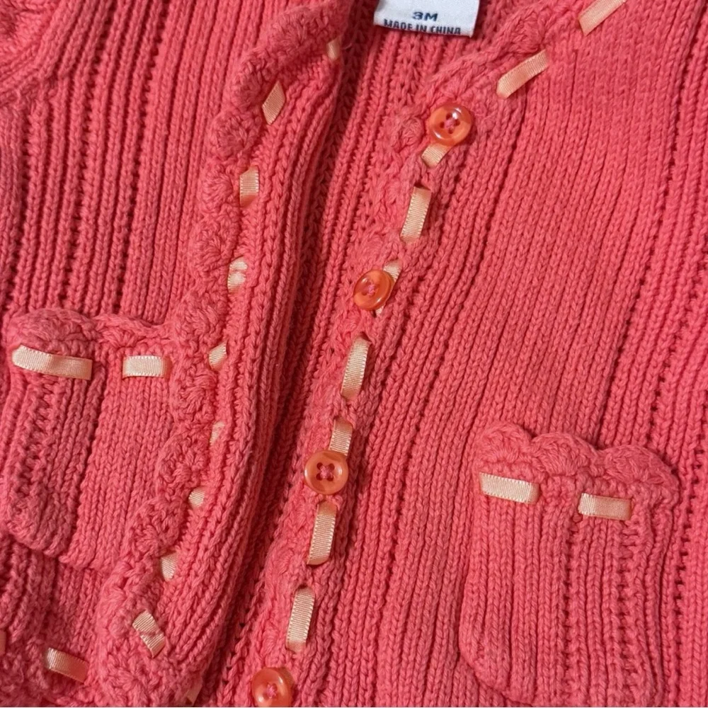 Vintage OshKosh Baby Pink Knit Cardigan Sweater 3M Ribbon Trim